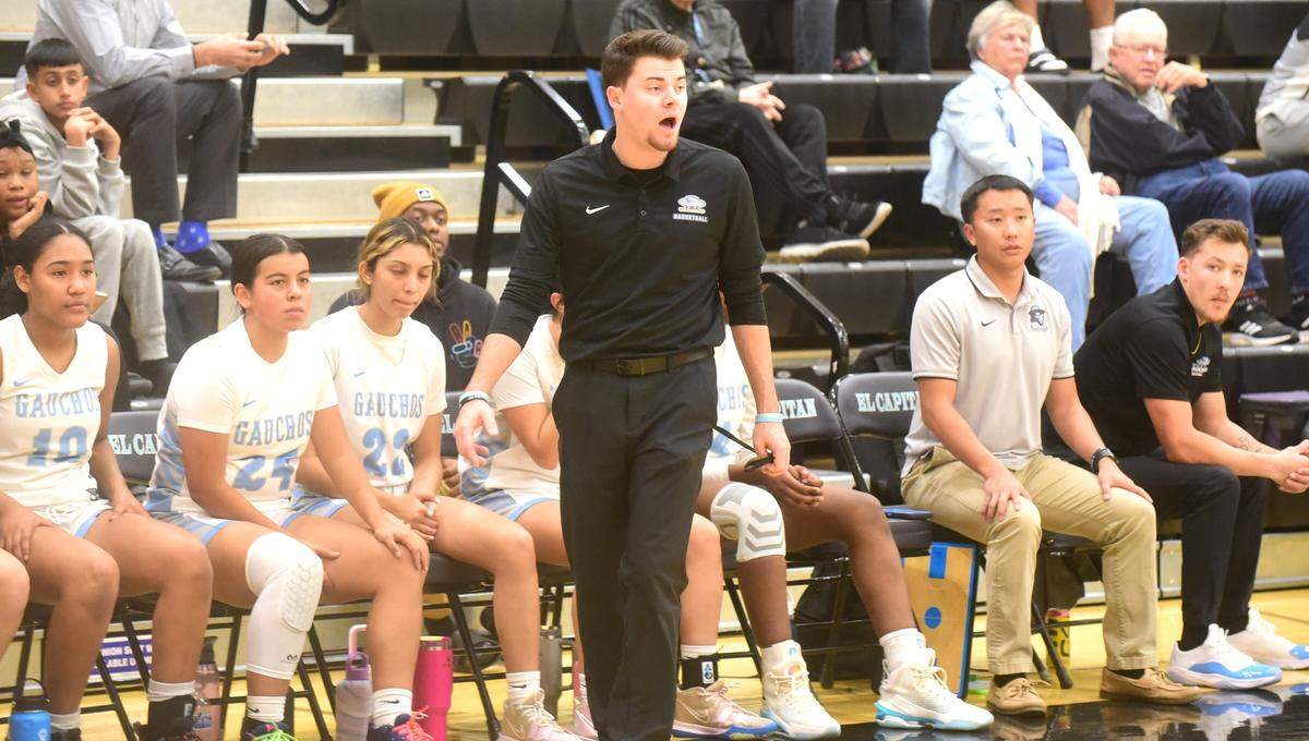 El Capitan High School girls basketball coach Tyler Dietz shouts instructions to his team during a 58-44 victory over Merced on Thursday, Jan. 4, 2024.