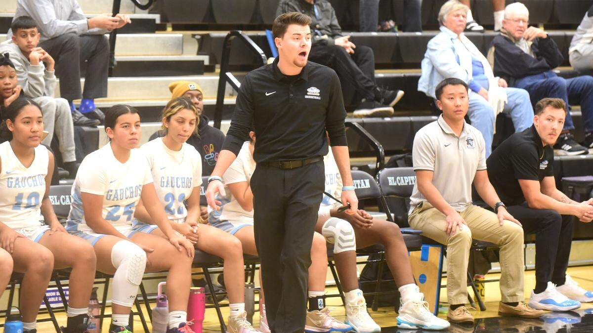 El Capitan High School girls basketball coach Tyler Dietz shouts instructions to his team during a 58-44 victory over Merced on Thursday, Jan. 4, 2024.