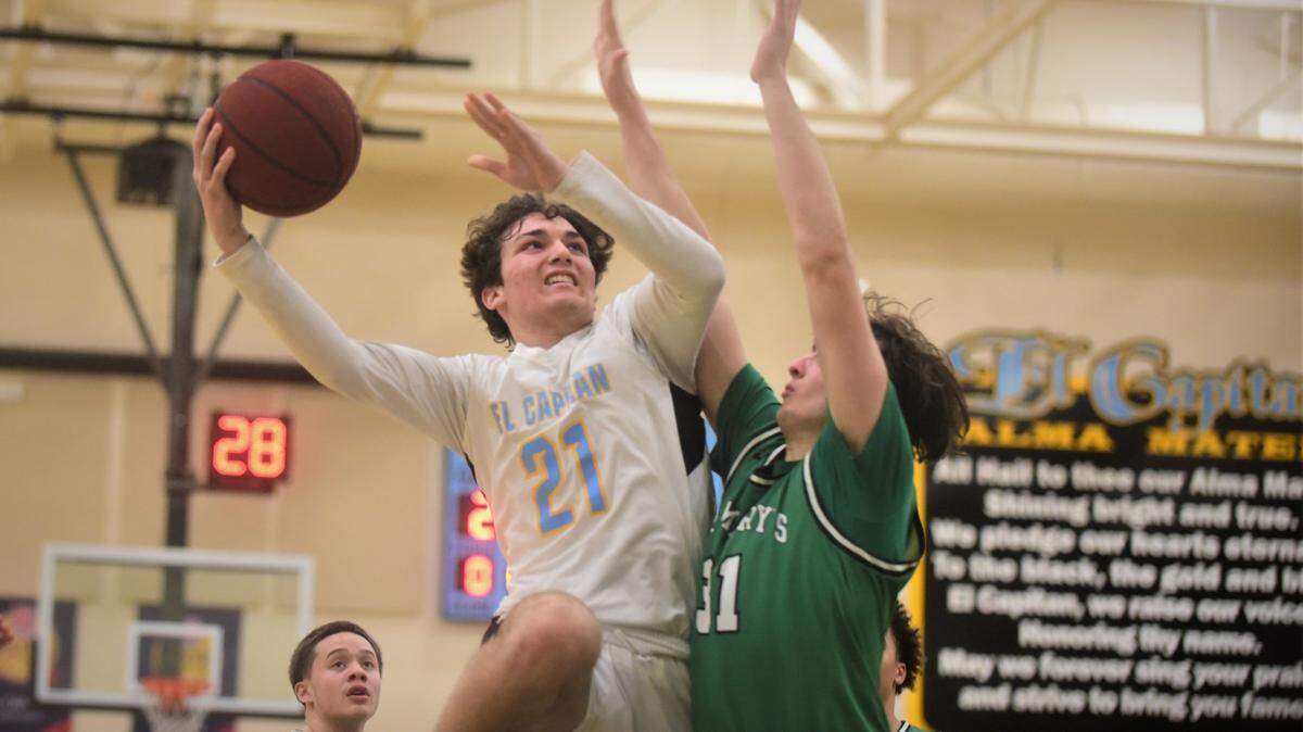 El Capitan High junior Will Bain goes up for a shot against St. Mary’s during a play-in game on Wednesday, Feb. 16, 2022 at the Stable Center at El Capitan High School.