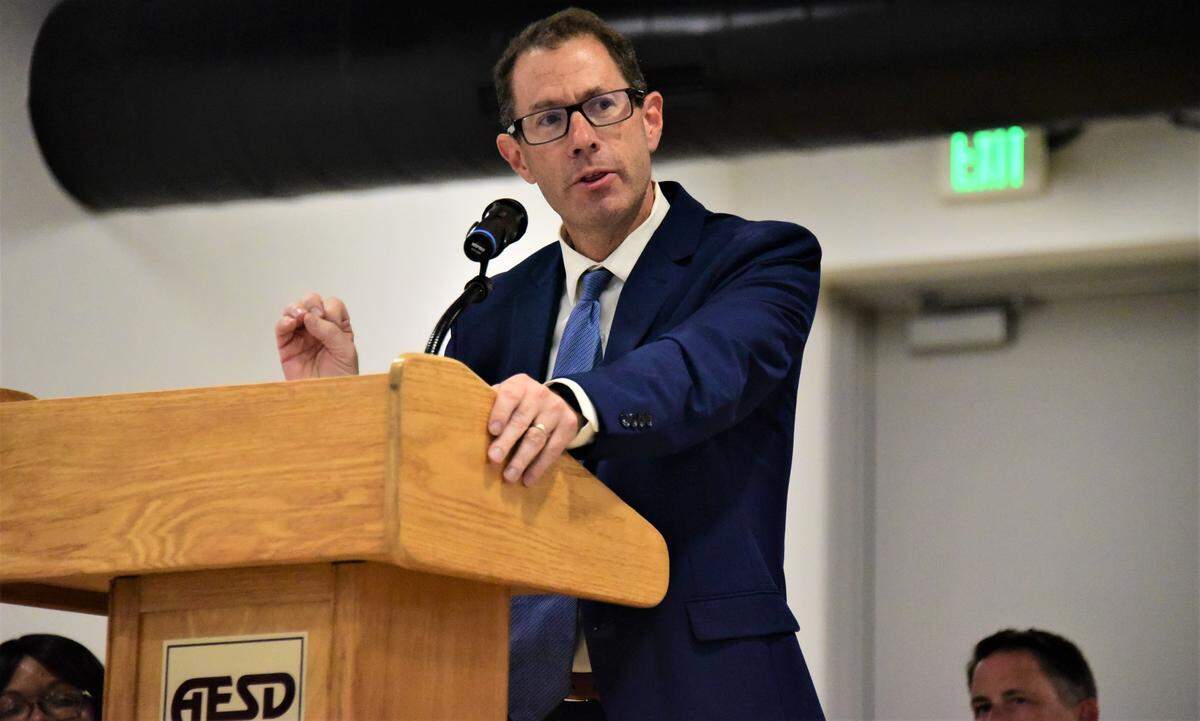 Atwater Elementary School District Board President Mark Hendrickson addresses the crowd during a ribbon-cutting ceremony for the new Juniper Elementary School on Friday, Aug. 4, 2023.