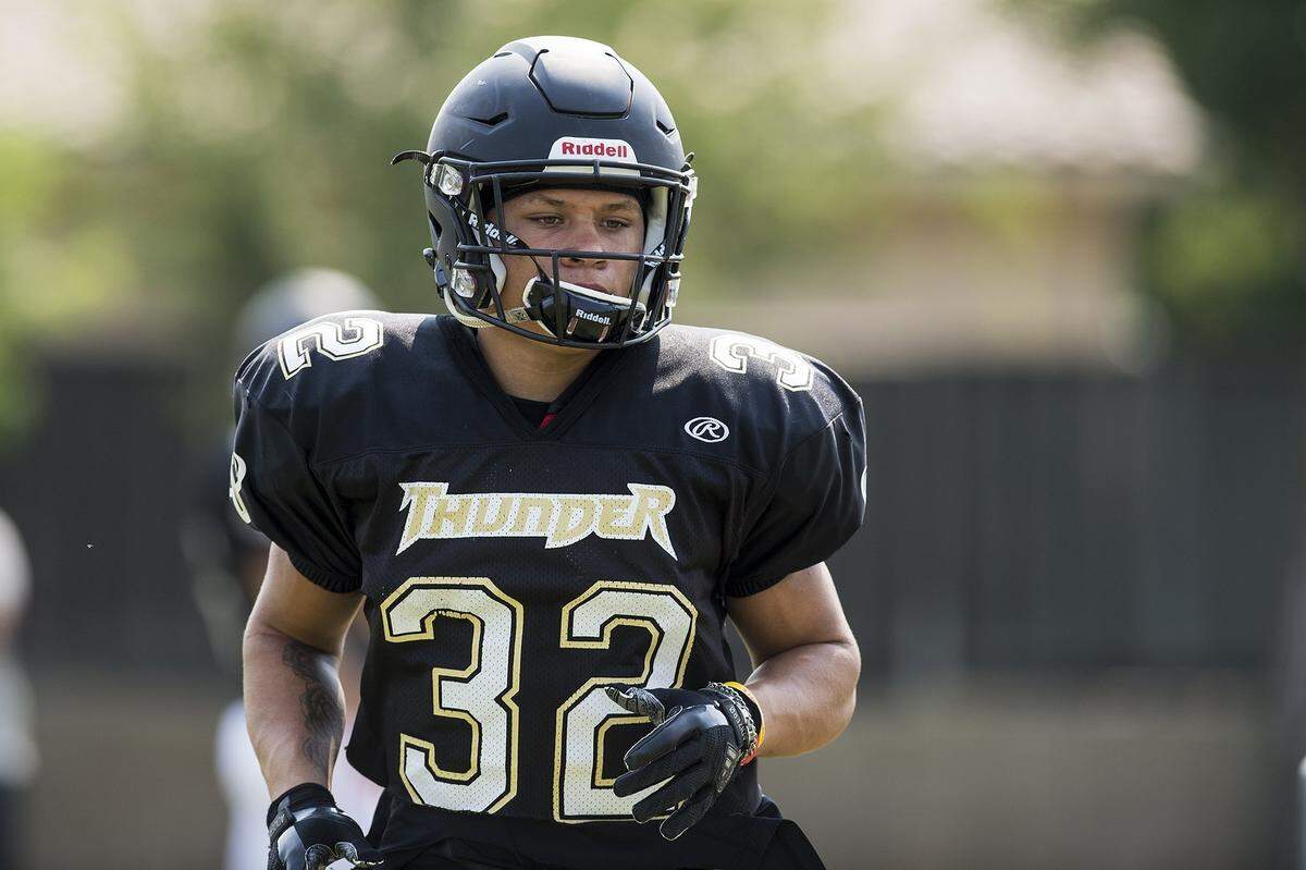 Buhach Colony’s Youlas Dickson III during football practice at Buhach Colony High School in Atwater, Calif., on Tuesday, July 31, 2018.