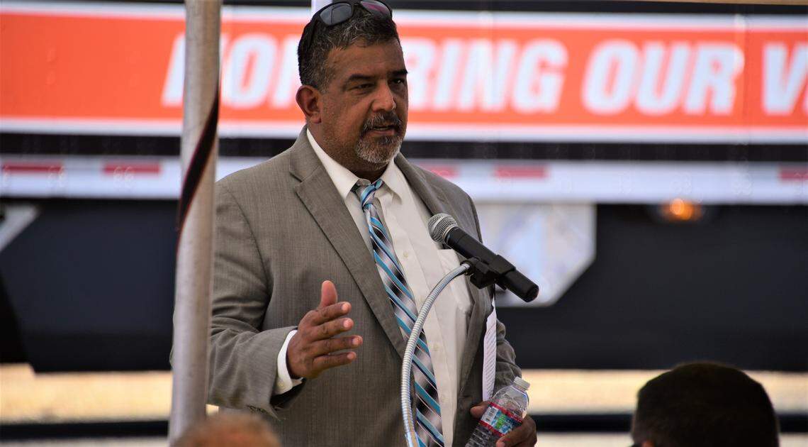 Chowchilla Mayor John Chavez speaks during the groundbreaking ceremony on Friday, Aug. 19, 2022 for the new $150 million AutoZone distribution center that will be built in Chowchilla.