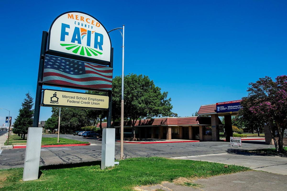 The entrance to the Merced County Fairgrounds in Merced, Calif., on Wednesday, Aug. 9, 2023. The Merced County Fair was awarded $5 million in state funding and according to Merced County Fair President Vicky Banaga, the funding will be used to upgrade facility kitchens, facility HVAC and a new roof for one of the buildings.