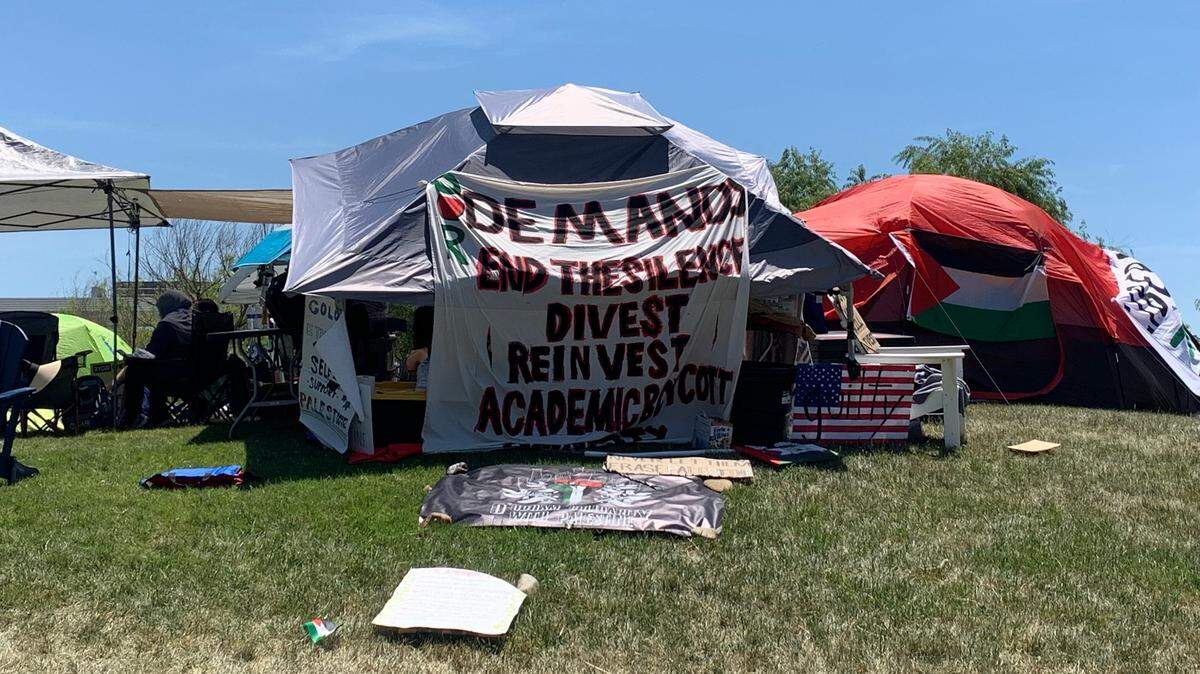 Signs outside the UC Merced pro-Palestine encampment Wednesday May 15.