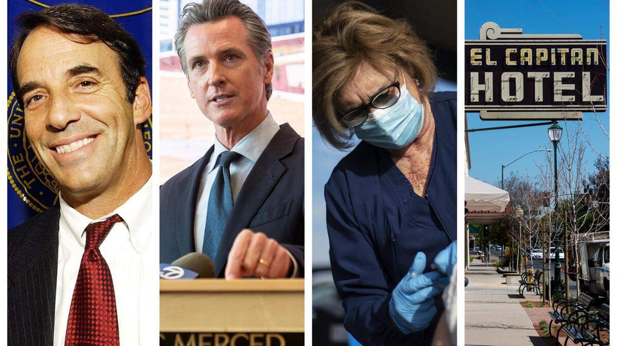 Some of the biggest stories in Merced County in 2021, from left to right: Beloved former District Attorney Larry Morse II died in September, leaving many residents shocked. Gov. Gavin Newsom visited UC Merced this year, backing a medical program at the school. Registered Nurse Caren Col-Hamm is shown administering a COVID-19 vaccine to a patient at the Bear Creek Apartments in Planada. The historic El Capitan Hotel in downtown Merced reopened in March.