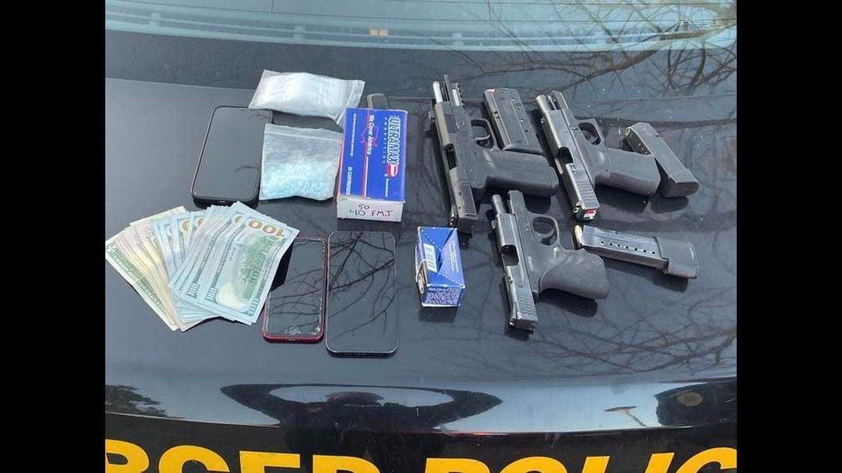 Two suspects were arrested after police located three guns and narcotics in a vehicle after a traffic stop in Merced, according to the Merced Police Department.