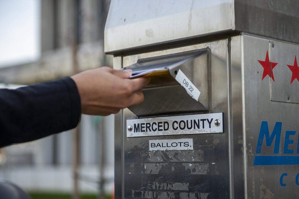 A ballot is placed in a Merced County ballot drop box outside the Merced County Administrative Building in Merced, Calif., on Tuesday, Nov. 5, 2024.
