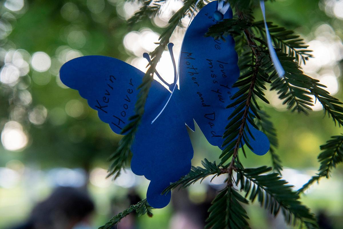 A butterfly containing a message for Kevin Hoover placed by his parents Jean and Dale Hoover during the annual Victims’ Rights Ceremony at Courthouse Park in Merced, Calif., on Tuesday, April 26, 2022.
