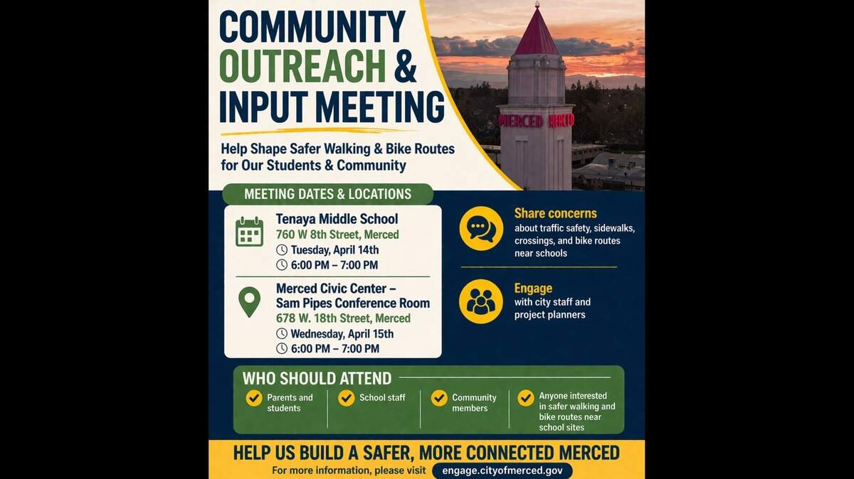 A poster with an image of the Merced Theater tower with details about when and where the city will host community outreach and input meetings.