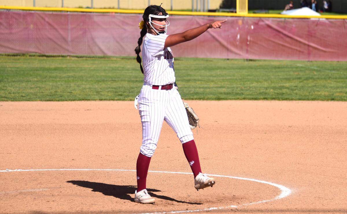 Golden Valley High pitcher Bree Barner reacts after picking up a key strikeout during a game against Patterson on Friday, April 20, 2024 at Golden Valley High School in Merced, Calif.