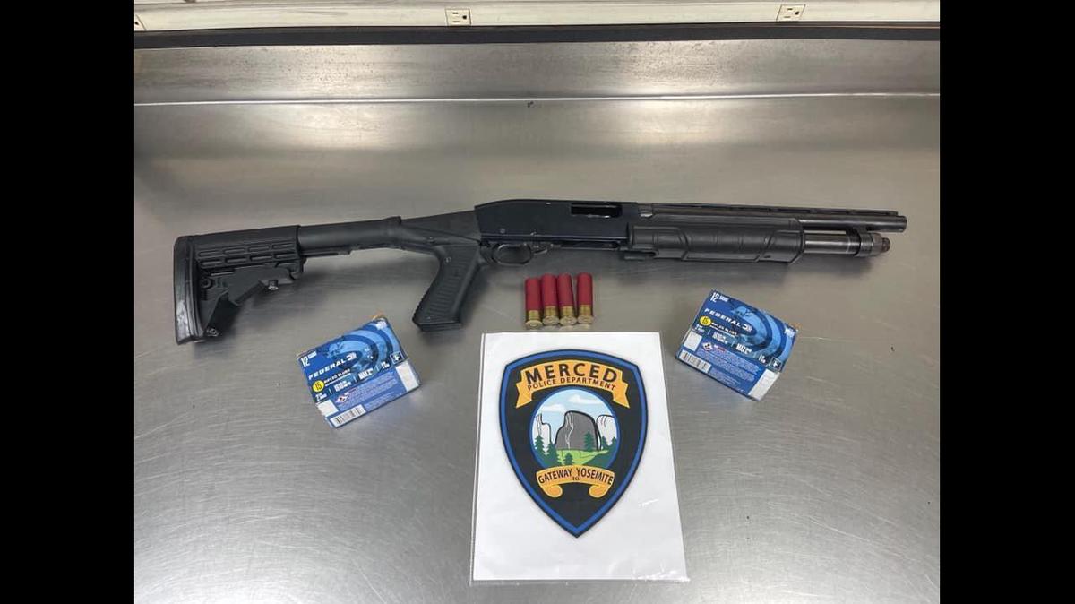 A driver was arrested during a traffic stop Saturday, Dec. 11, 2021, according to the Merced Police Department. Police said the driver had a warrant for a parole violation and an officer found a loaded sawed off shotgun with the serial number shaved off in the trunk of the vehicle. Police also located ammunition. Image courtesy of Merced Police Department.