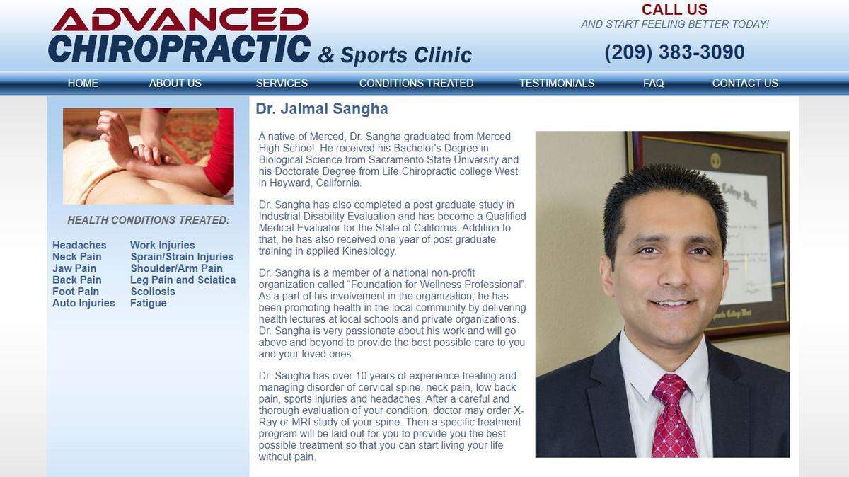 A screenshot of Jaimal Sangha’s online bio is shown here. Merced police on Tuesday said he was arrested on suspicion of sexual assault.