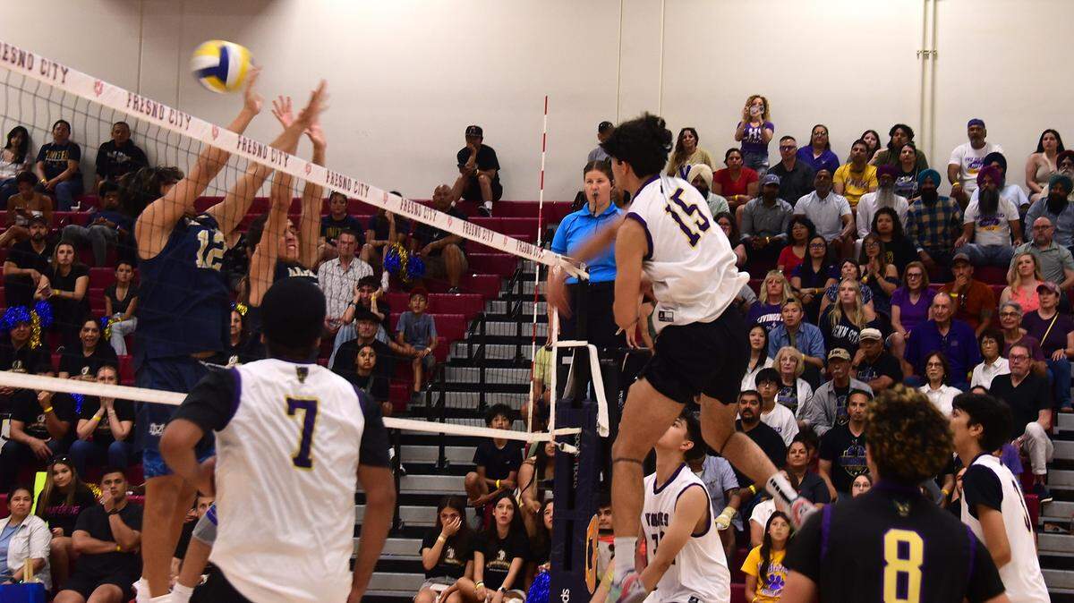 Livingston High junior outside hitter Bradley Kaji (15) powers home a spike during the CIF State Division IV Championship match against Mater Dei Catholic on Saturday, May 31, 2025 at Fresno City College.