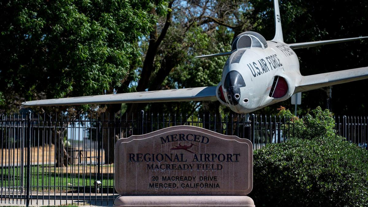 A sign outside the Merced Regional Airport Macready Field located at 20 Macready Drive in Merced, Calif., on Wednesday July 7, 2021. The Merced City Council voted 4-2 to choose Advanced Air of Boutique Air for an Essential Air Service contract with the city.