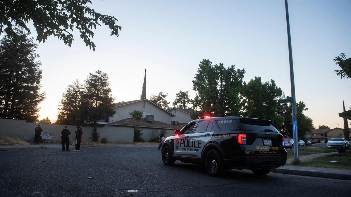 Police investigate near the intersection of Swaps Street and Nashua Street following a report of a shooting in Atwater, Calif, on Sunday, May 30, 2021.