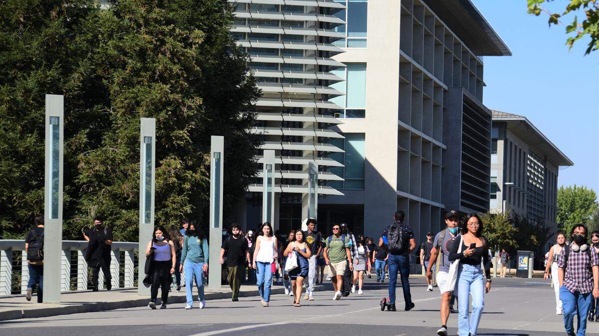 UC Merced students walk across campus on the first day of classes on Wednesday, Aug. 24, 2022 in Merced, Calif.