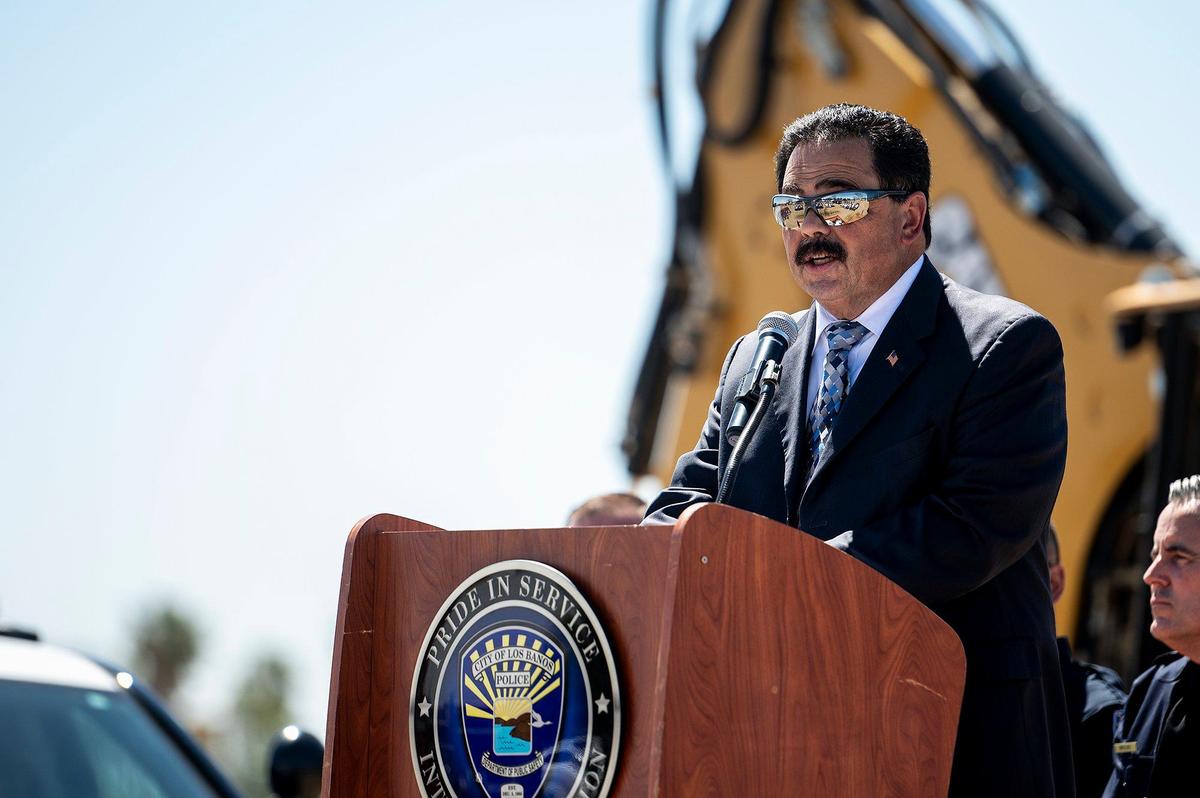 City of Los Banos Mayor Tom Faria speaks during a groundbreaking ceremony for the new Los Banos police station in Los Banos, Calif., on Thursday, May 19, 2022. The site is located at 1111 G Street.