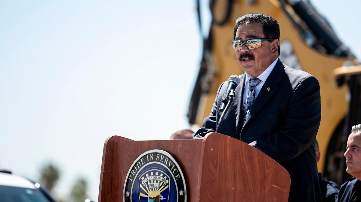 City of Los Banos Mayor Tom Faria speaks during a groundbreaking ceremony for the new Los Banos police station in Los Banos, Calif., on Thursday, May 19, 2022. The site is located at 1111 G Street.