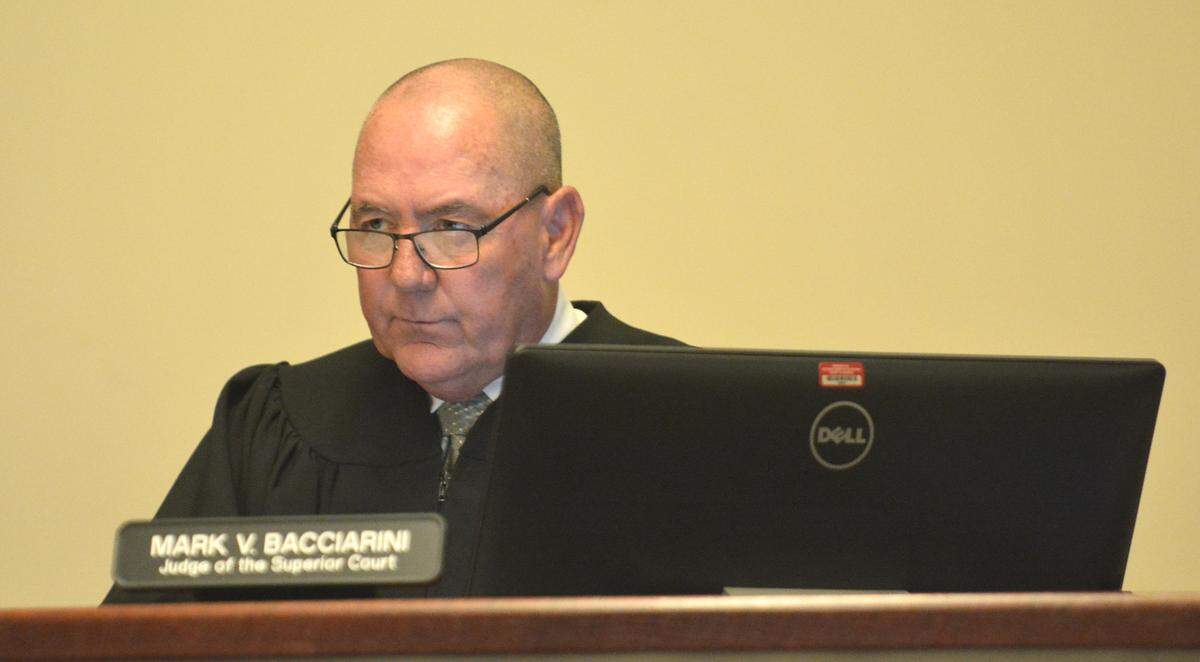 Merced County Judge Mark Bacciarini listens to Deputy District Attorney Thomas Min’s opening statements during the murder trial of 22-year-old Merced resident Eric Cruz Madero on Wednesday, Aug. 14, 2019, in Merced Superior Court.