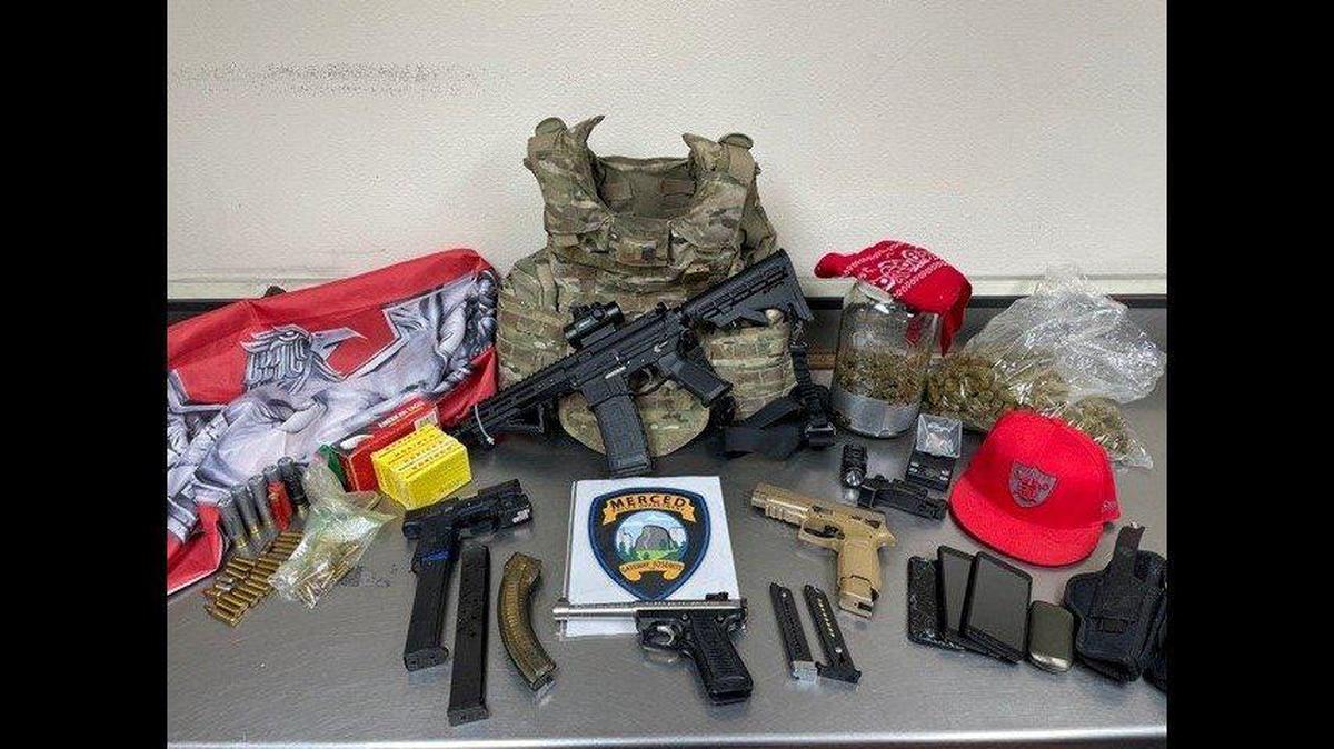 A suspected gang member was arrested in Merced on Thursday, after police located several guns, narcotics and an armored vest while searching a home on Buena Vista Drive, according to the Merced Police Department. Image courtesy of Merced Police Department.
