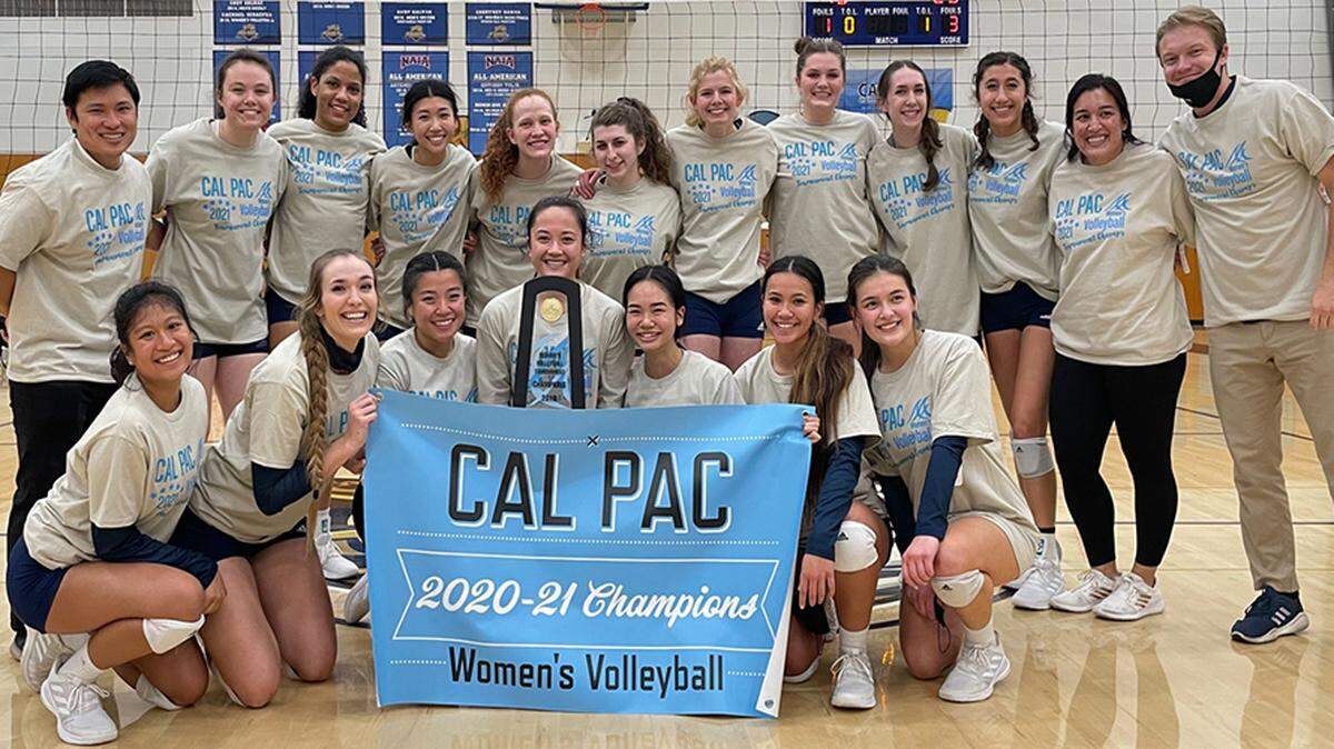 The UC Merced women’s volleyball team celebrates after winning their first ever California Pacific Conference Tournament championship on Tuesday, March 6, 2021.