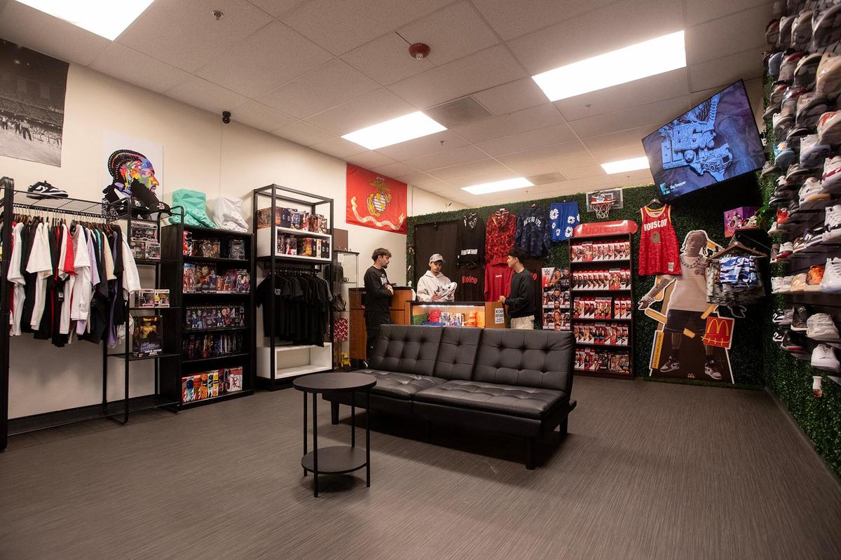 Sneakers, clothing and collectible items for sale at The Come Up Kickz located inside the Marketplace at Merced in Merced, Calif., on Friday, May 16, 2025. The business sells, buys and trades merchandise such as sneakers, collectibles, designer items and clothing.