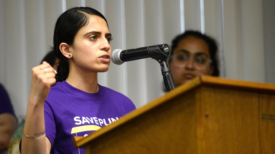 Jakara Movement organizer Jaspreet Kaur speaks in June 2019 at the Merced Union High School District board meeting in support of the Punjabi language classes at Livingston High School. The University of California will now offer courses at all of its campuses.