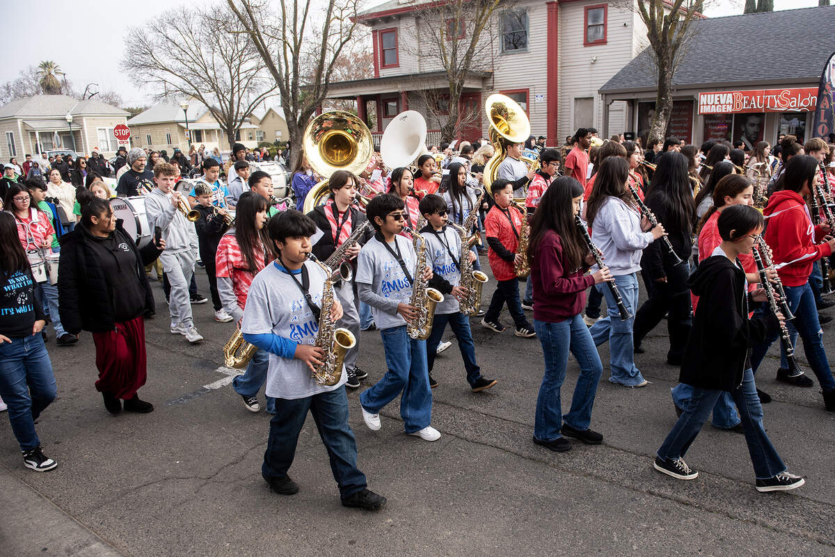 Local middle school bands perform ‘We Shall Overcome’  during an annual Peace and Unity march to honor the legacy of late civil rights leader Rev. Dr. Martin Luther King Jr. in Merced, Calif., on Monday, Jan. 20, 2025. 