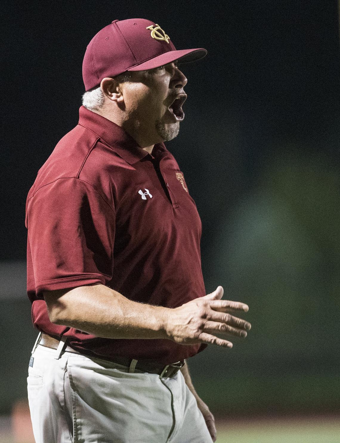 Golden Valley head coach Rick Martinez yells to his players during a game against Cordova in the CIF Sac-Joaquin Section Playoffs at Golden Valley High School in Merced, Calif., on Friday, Nov. 2, 2018.