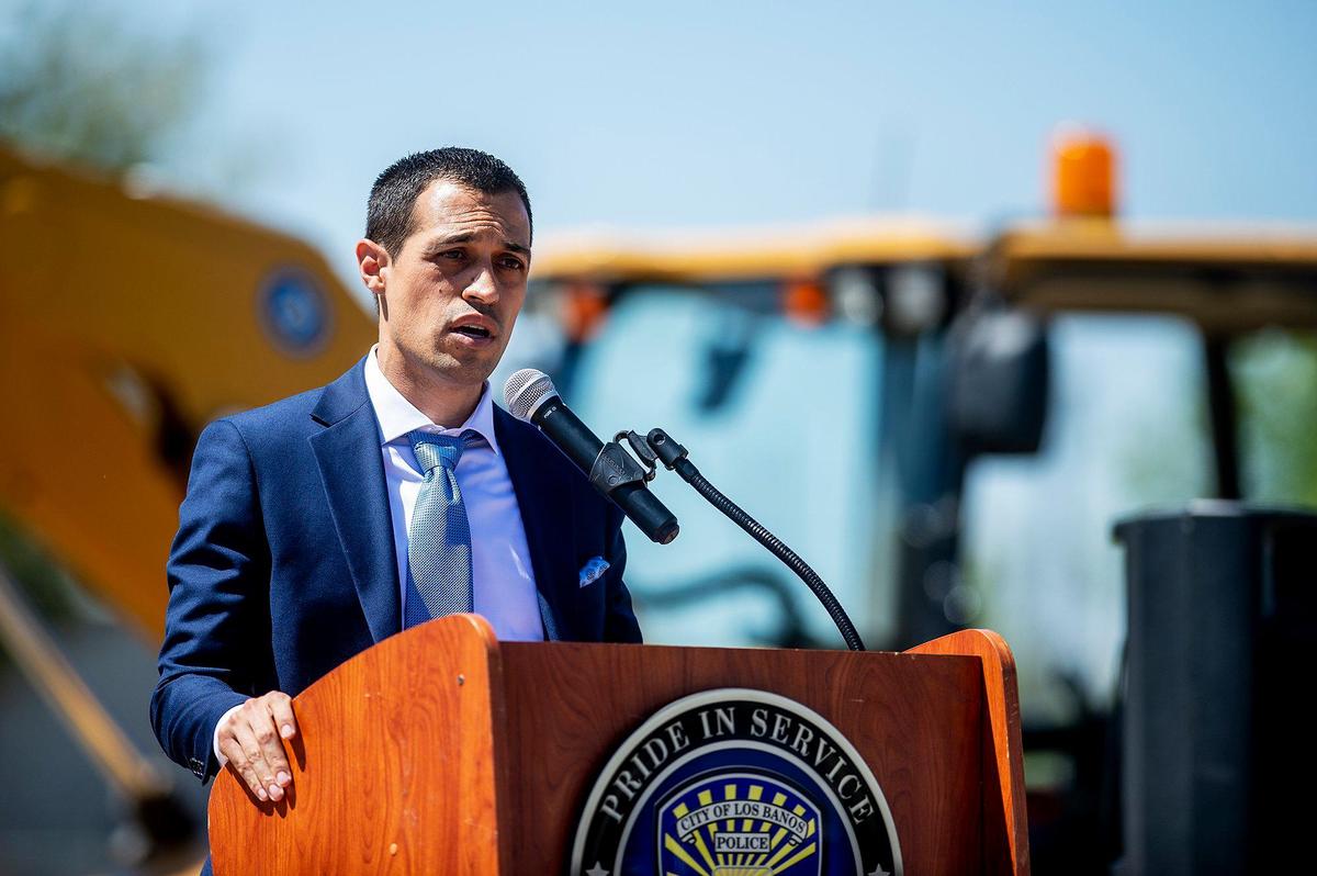 Los Banos City Manager Josh Pinheiro speaks during a groundbreaking ceremony for the new Los Banos police station in Los Banos, Calif., on Thursday, May 19, 2022. The site is located at 1111 G Street.