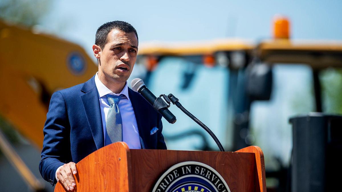 Los Banos City Manager Josh Pinheiro speaks during a groundbreaking ceremony for the new Los Banos police station in Los Banos, Calif., on Thursday, May 19, 2022. The site is located at 1111 G Street.