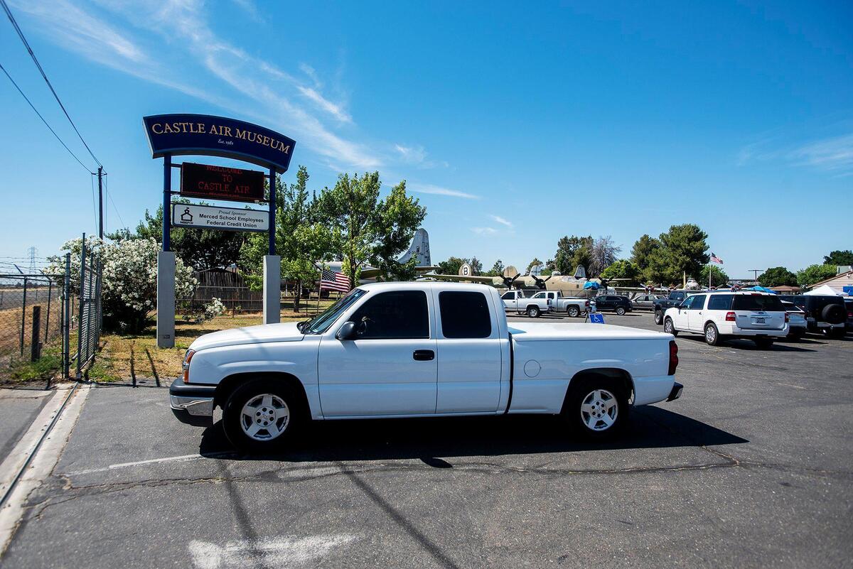A vehicle leaves Castle Air Museum during Open Cockpit Day at Castle Air Museum in Atwater, Calif., on Monday, May 31, 2021.