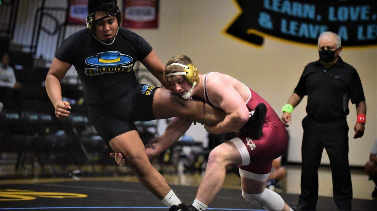 Golden Valley senior Josh Hickman works to score a takedown against El Capitan’s Jose Barnabe in their 200-pound match on Saturday, June 6, 2021 at El Capitan High School in Merced, Calif.