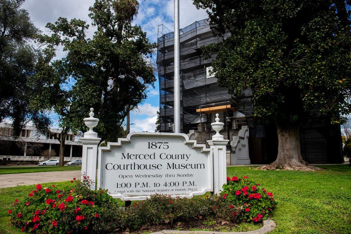 Scaffolding surrounds the Merced County Courthouse Museum as work is underway on a multi-million dollar project to restore portions of the building’s deteriorating exterior in Merced, Calif., on Thursday, March 6, 2025.