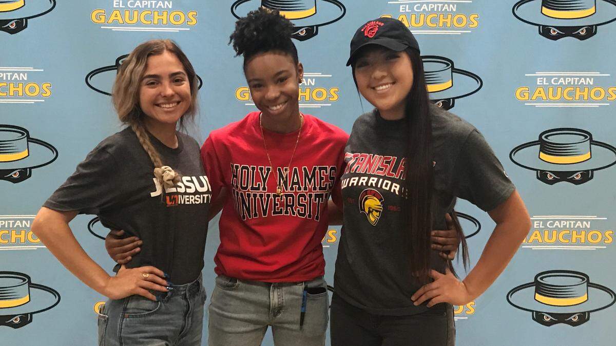 El Capitan High seniors (from left to right) Karen Godinez-Ramos, Amaya Ervin and Kyla Yang all made their college choices official during a signing ceremony at the high school on Thursday, May 2, 2019 in Merced, Calif.