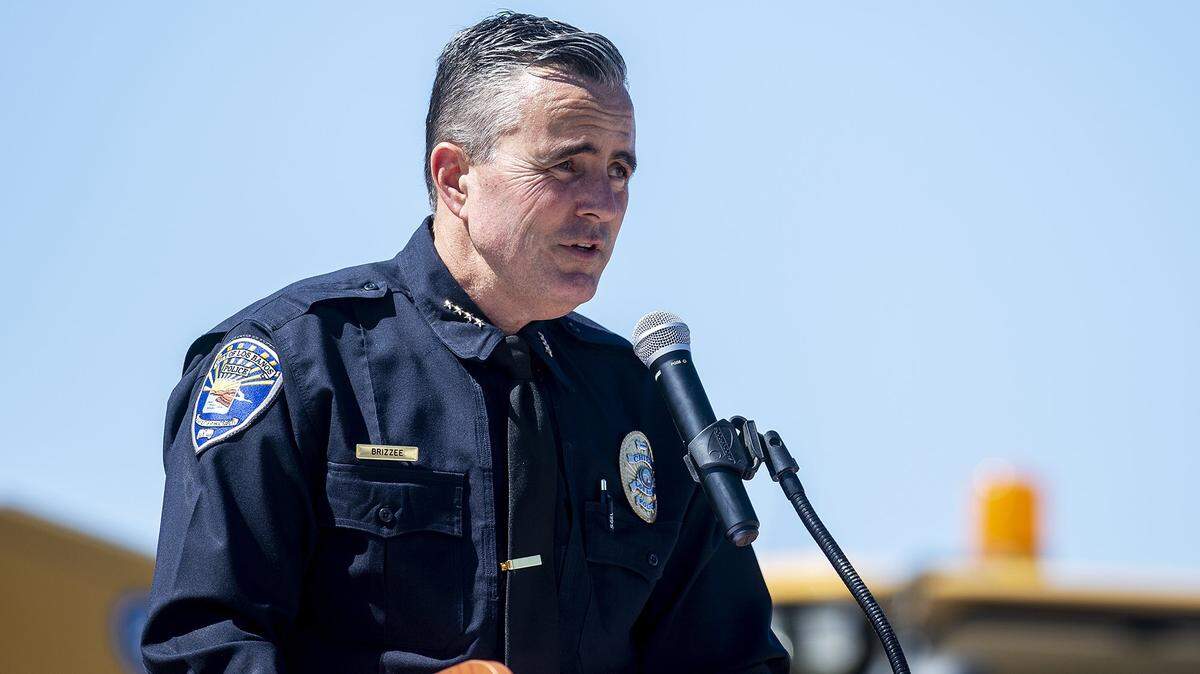 Los Banos Police Chief Gary Brizzee speaks during a groundbreaking ceremony for the new Los Banos police station in Los Banos, Calif., on Thursday, May 19, 2022. The site is located at 1111 G Street.