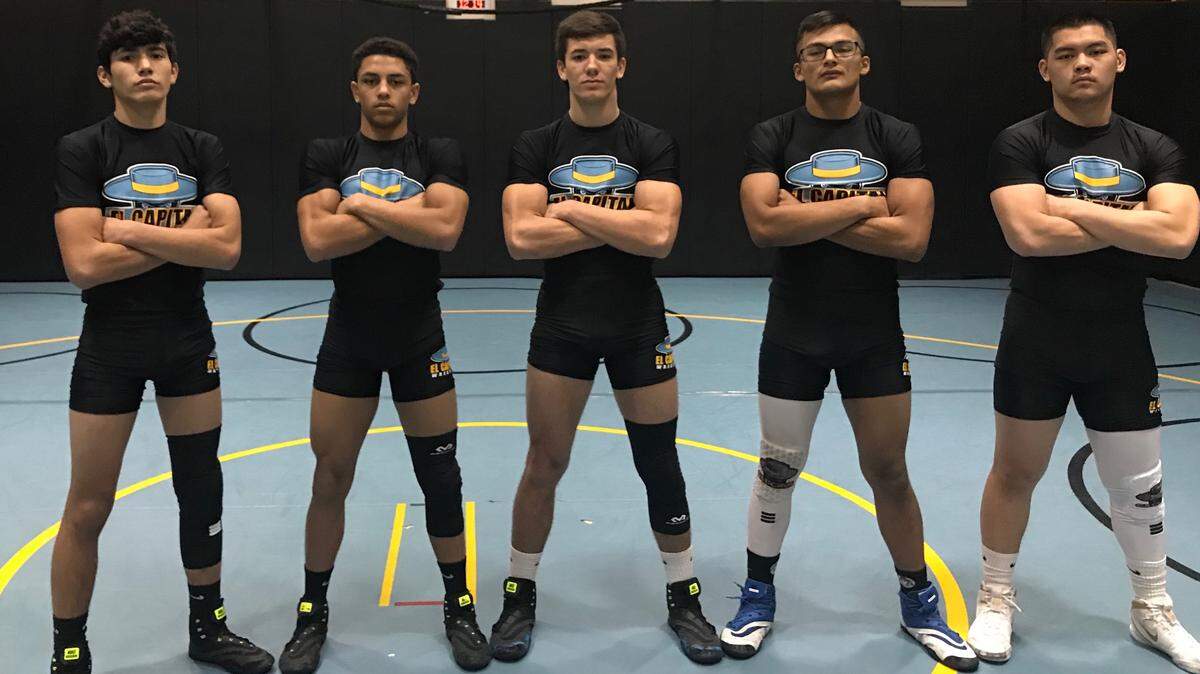 El Capitan senior wrestlers, from left to right, Josiah Araujo, Devin Holman, Evan Myrtue, Kevin Fernandez and Kyle Lee have helped the Gauchos move a step closer to the program’s first Central California Conference championship after a 53-9 win over Golden Valley on Tuesday night at El Capitan High. The Gauchos are 9-0 overall and 5-0 in the CCC.