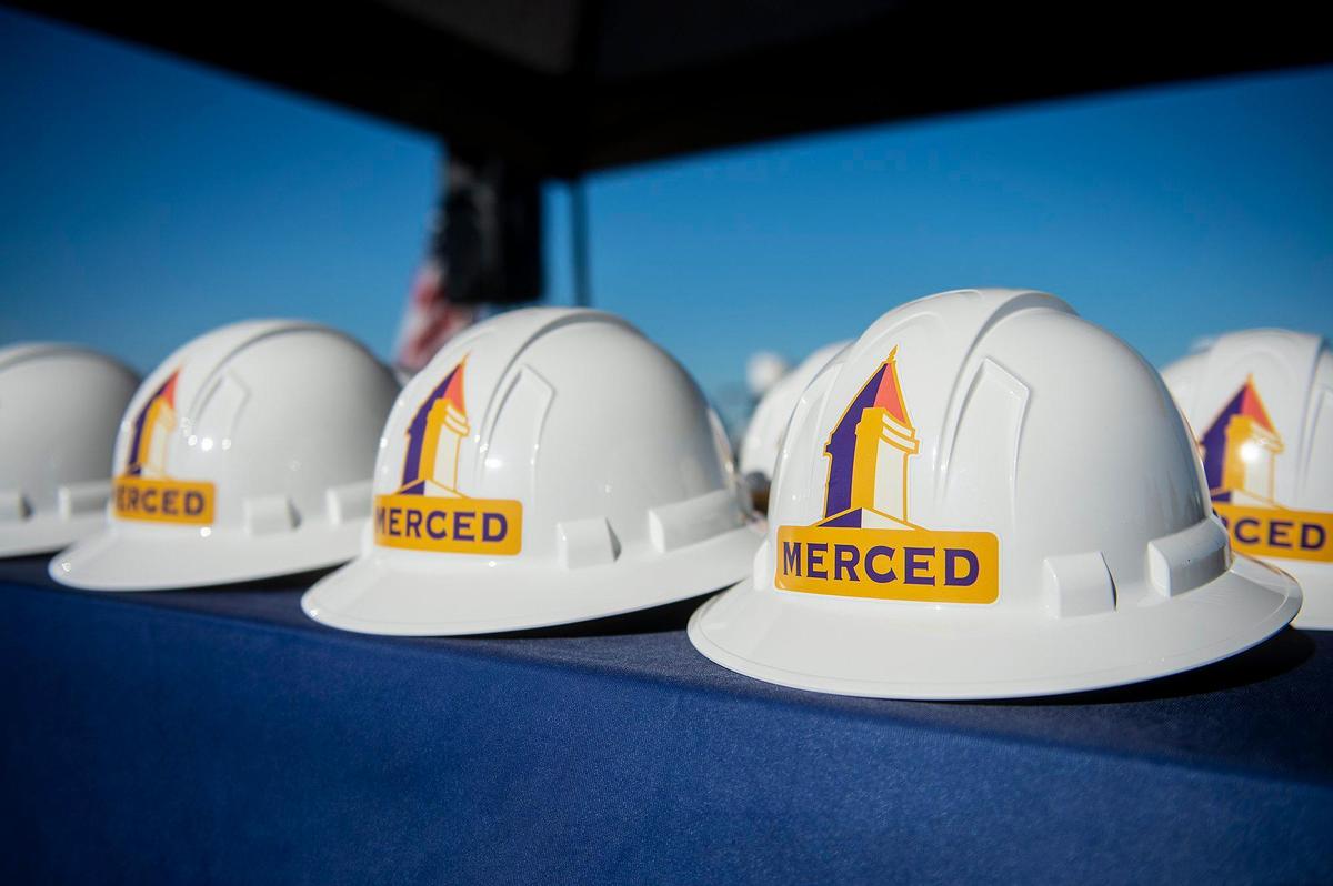 Hard hats on a table during a groundbreaking ceremony at Community Park 42 which is slated to become a regional sports complex in Merced, Calif., on Wednesday, July 26, 2023. The nearly 40 acre park which is located at the corner of Mission Avenue and Tyler Road in south Merced, will feature soccer and football fields as well as basketball courts, tennis courts, pickle ball courts and a futsal court, according to the city. The park will also feature restroom facilities, concessions, pavilions, playgrounds and a walking path.