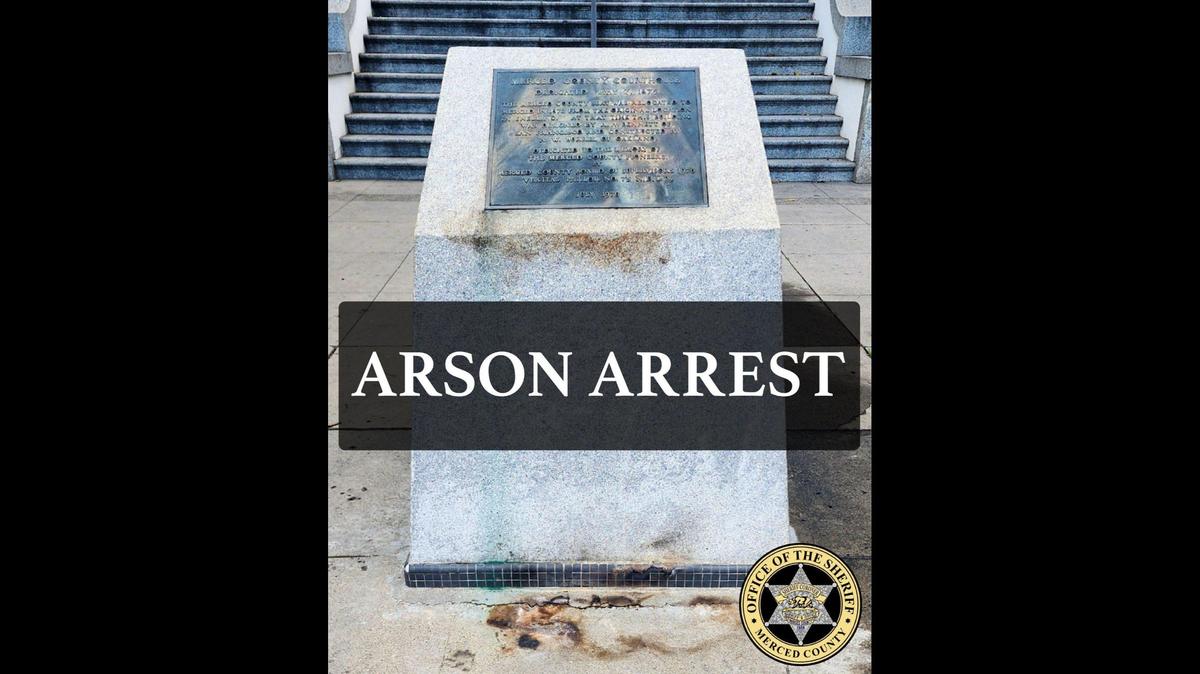 A 59-year-old man accused of setting fire to a monument outside the Merced Courthouse Museum, was arrested on suspicion of arson on Sunday, according to the Merced County Sheriff’s Office. Image courtesy of Merced County Sheriff’s Office.