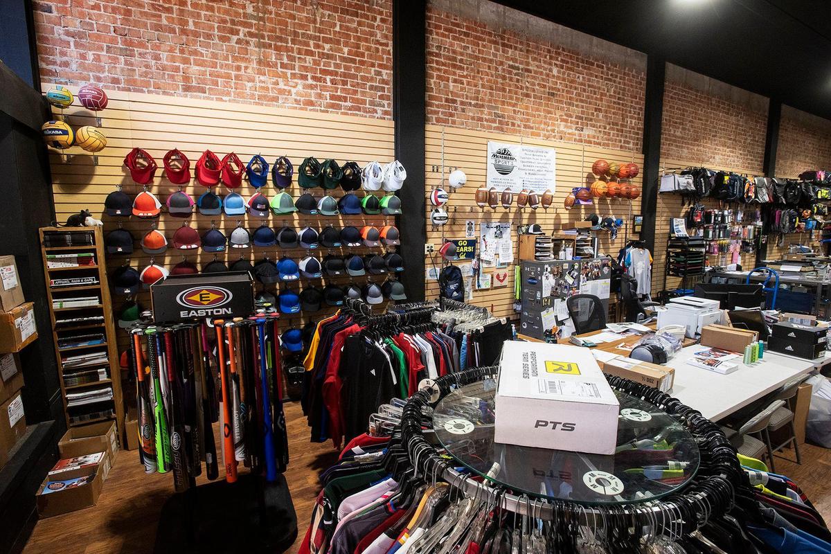 Athletic equipment and apparel for sale at McNamara Sports, located at 437 W. 18th Street in Merced, Calif., on Monday, May 8, 2023. The family owned store which sells athletic equipment, team uniforms, business apparel and offers screen printing and embroidery services, is celebrating 100 years in business