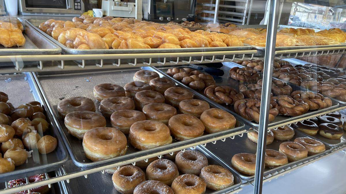 Rows of doughnuts are pictured at Rollen Donuts in Merced, Calif., on Monday, Feb. 23, 2026.
