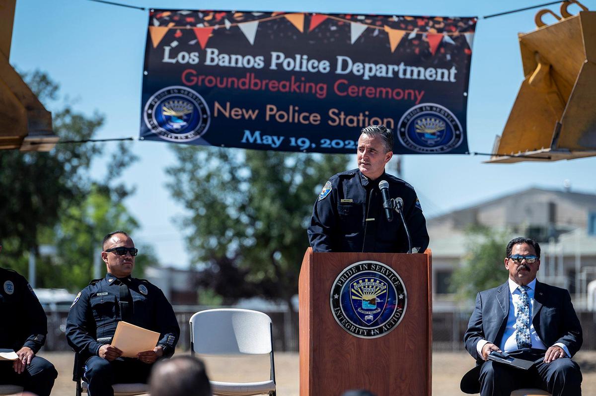 Los Banos Police Chief Gary Brizzee speaks during a groundbreaking ceremony for the new Los Banos police station in Los Banos, Calif., on Thursday, May 19, 2022. The site is located at 1111 G Street.