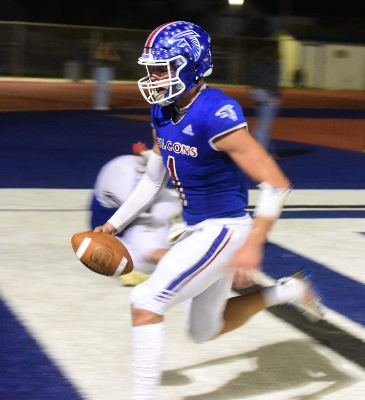 Atwater High safety James Bell (1) comes down with an interception in the end zone to stop a Hilmar drive during game on Friday, Sept. 13, 2024.