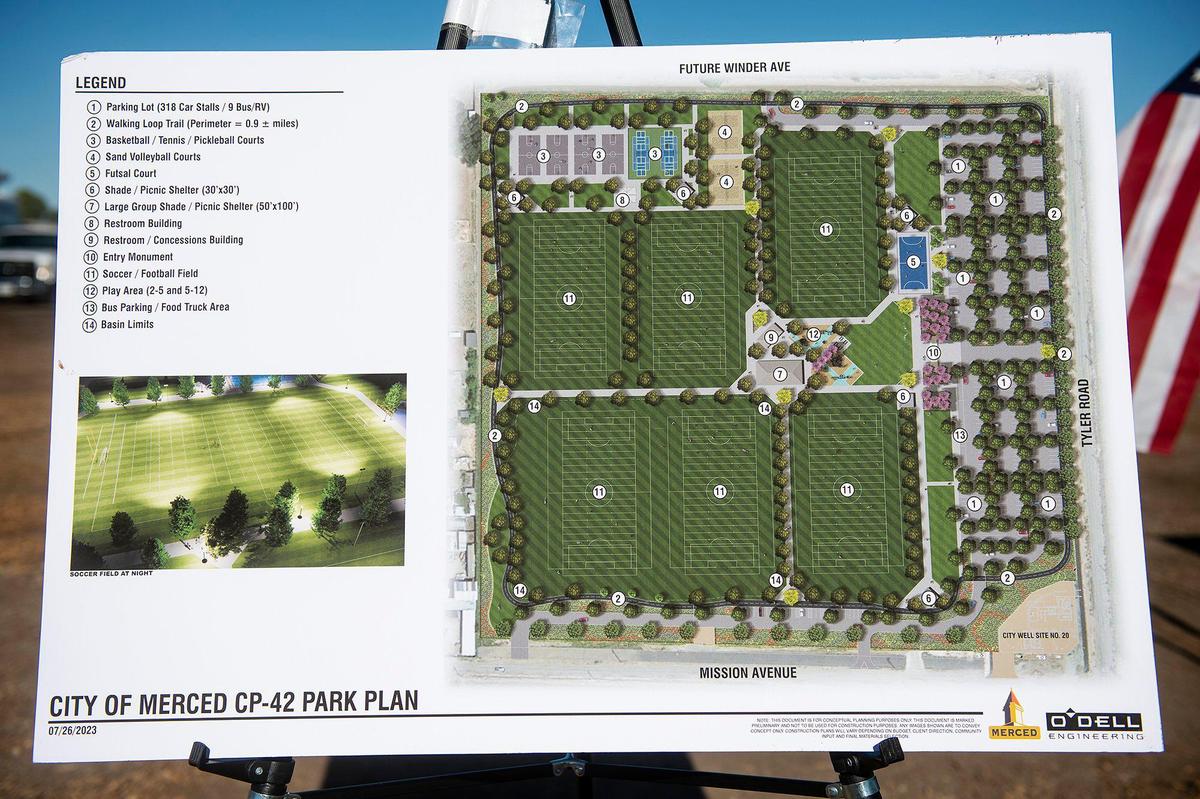 Renderings of a proposed sports complex during a groundbreaking ceremony at Community Park 42 in Merced, Calif., on Wednesday, July 26, 2023. The nearly 40 acre park which is located at the corner of Mission Avenue and Tyler Road in south Merced, will feature soccer and football fields as well as basketball courts, tennis courts, pickle ball courts and a futsal court, according to the city. The park will also feature restroom facilities, concessions, pavilions, playgrounds and a walking path.