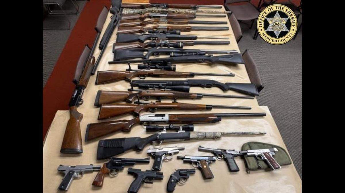 Merced County Sheriff’s deputies seized 28 firearms during a search in Dos Palos on Friday, March 20, 2026.
