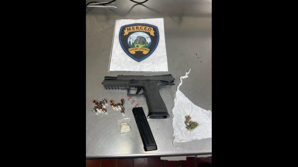 A suspected gang member was arrested during a traffic stop in Merced on Friday, when he was found with a stolen gun and narcotics after attempting to run from officers, according to the Merced Police Department. Image courtesy of Merced Police Department.