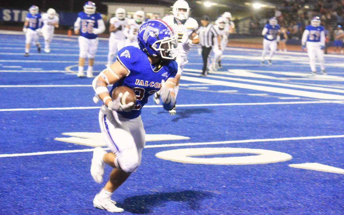 Atwater High running back Jeremiah Delarosa (23) scores on a 57-yard touchdown pass during a game against Hilmar on Friday, Sept. 13, 2024 at Dave Honey Stadium.