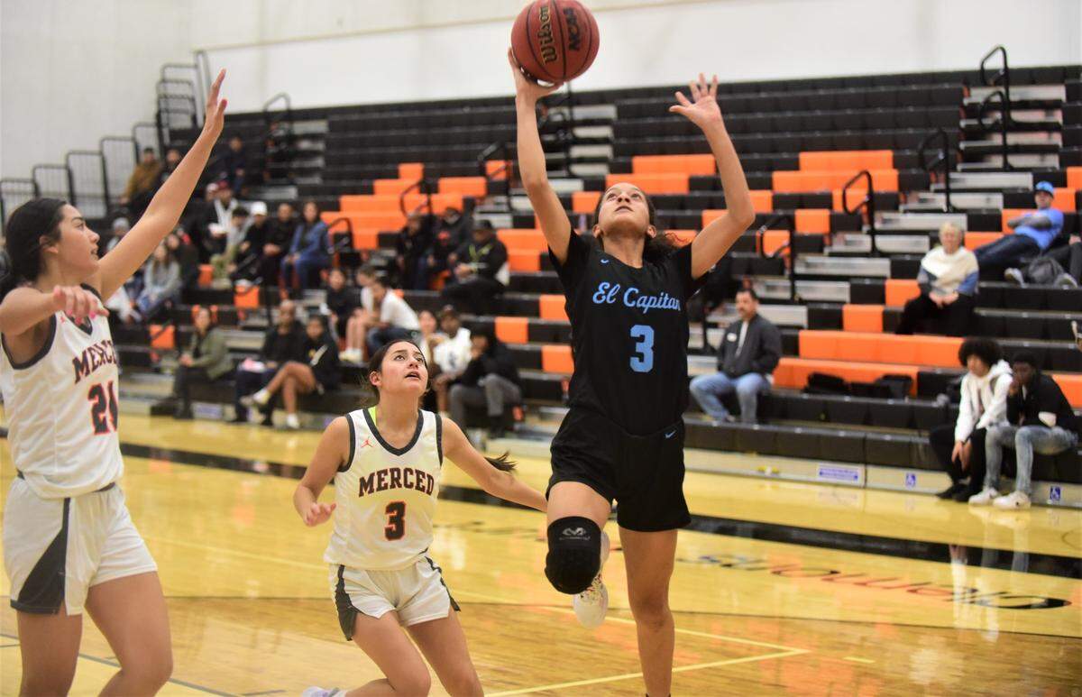 El Capitan High senior Mya Farr (3) goes up for two of her 12 points during a game against Merced at Merced High School on Tuesday, Jan. 3, 2022.