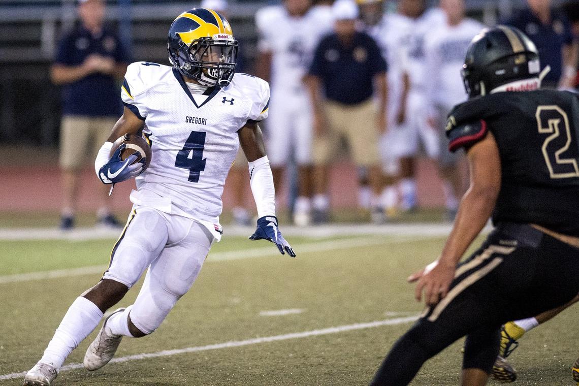 Gregori junior Titus Rhiney (4) cuts to the middle of the field during a game against Buhach Colony at Atwater High School in Atwater, Calif., on Friday, Aug. 17, 2018. The Thunder beat the Jaguars 13-6.
