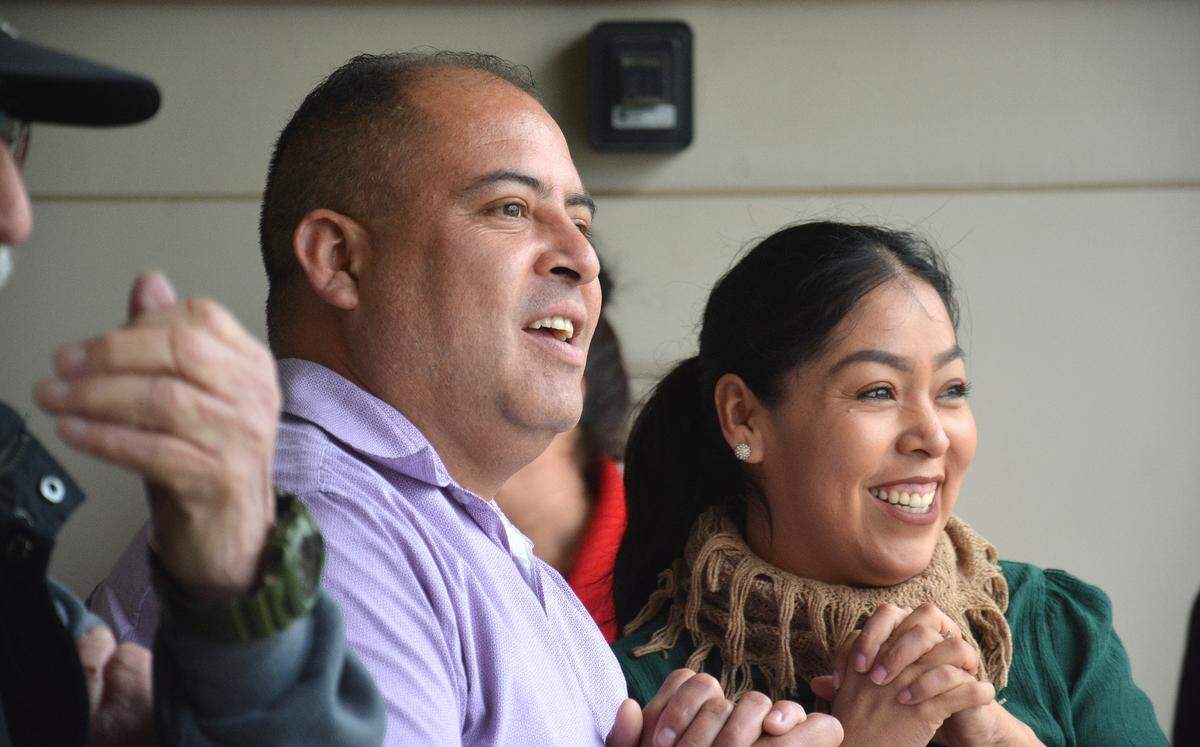 Joaquin Sotelo and his wife celebrate a victory for his fight against deportation Thursday, Feb. 14, 2019, in front of Merced Superior Court in Merced. A Navy veteran, Sotelo’s fight against deportation and path to citizenship became easier Thursday after a Merced County judge re-sentenced him on a 2014 felony conviction that led to mandatory deportation proceeidngs by ICE.